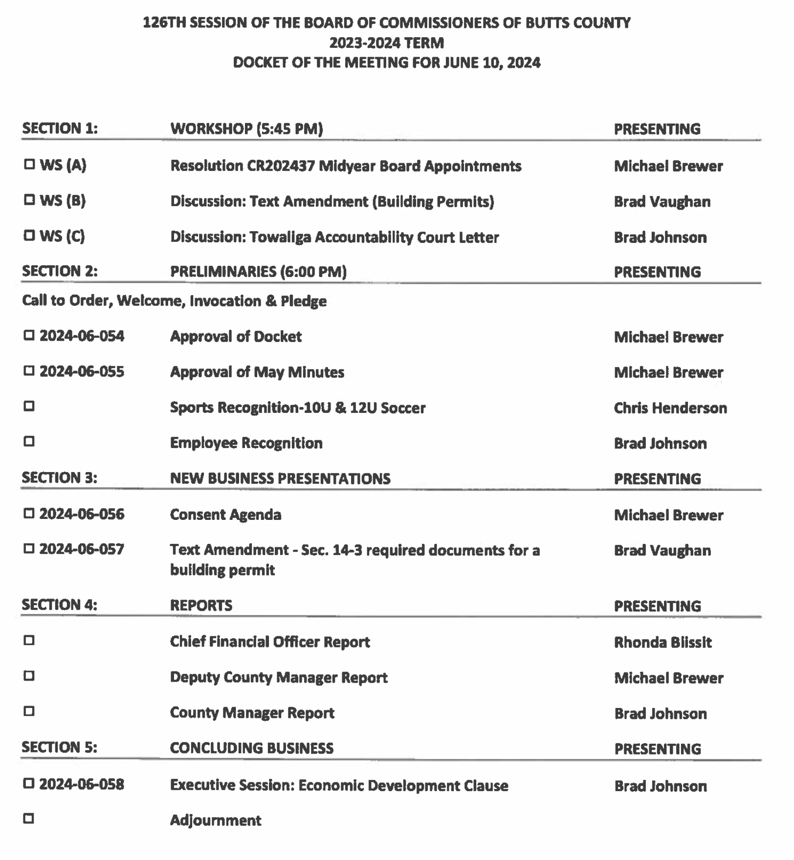 Docket of the June 10, 2024 Board of Commissioners Meeting - Butts ...