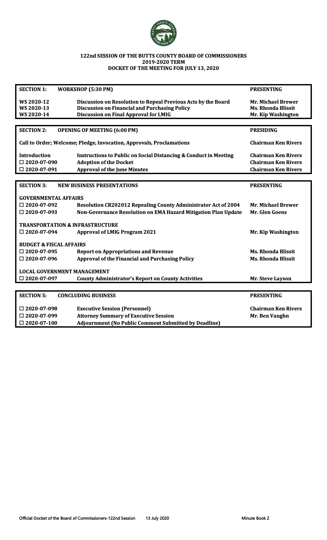 Docket For The July 13 2020 Board Of Commissioner s Meeting Butts County
