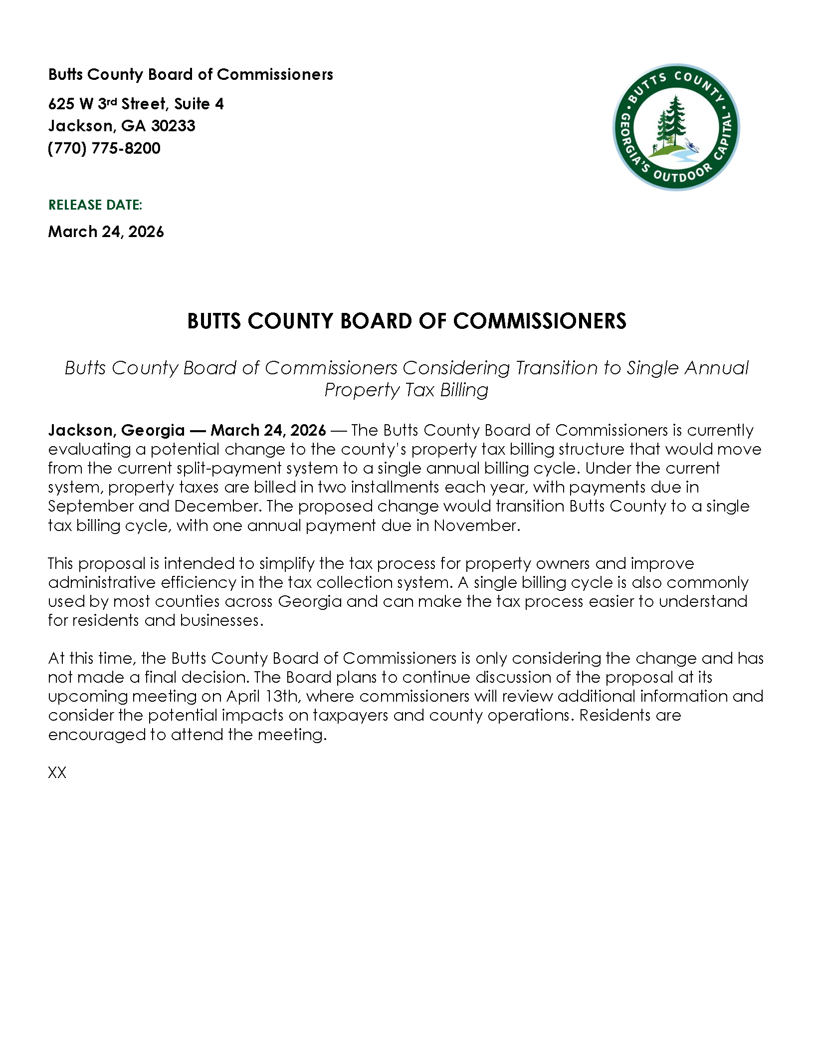 Butts County Board of Commissioners Considering Transition to Single Annual Property Tax Billing press release