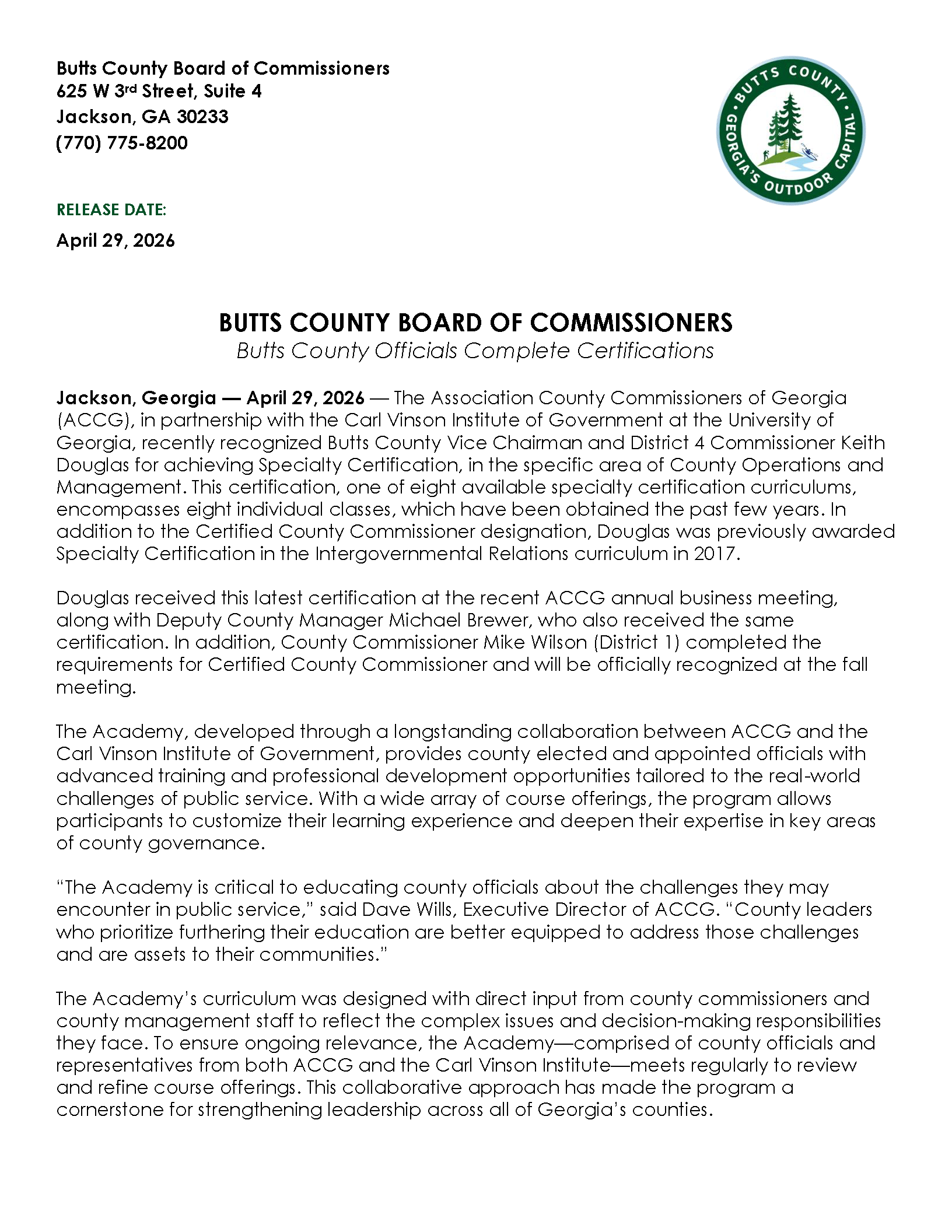 press release accg certifications