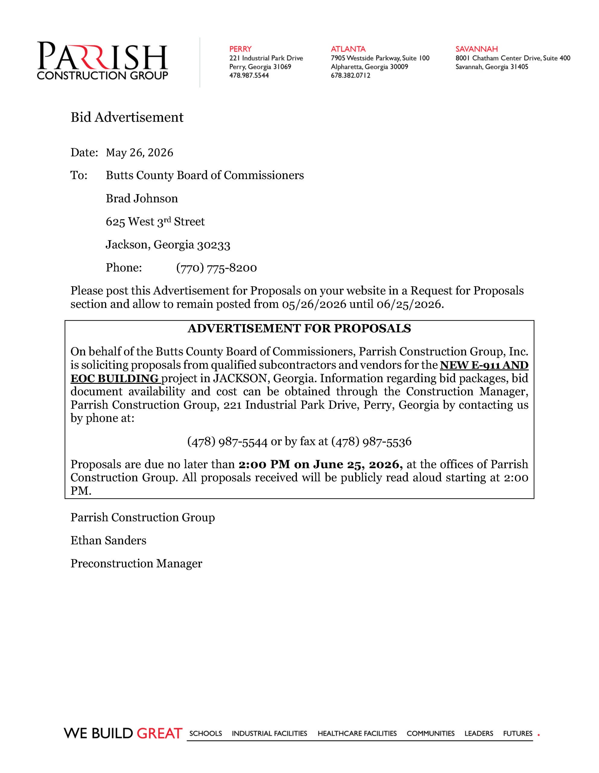 advertisement for bid 911 and emergency operations building