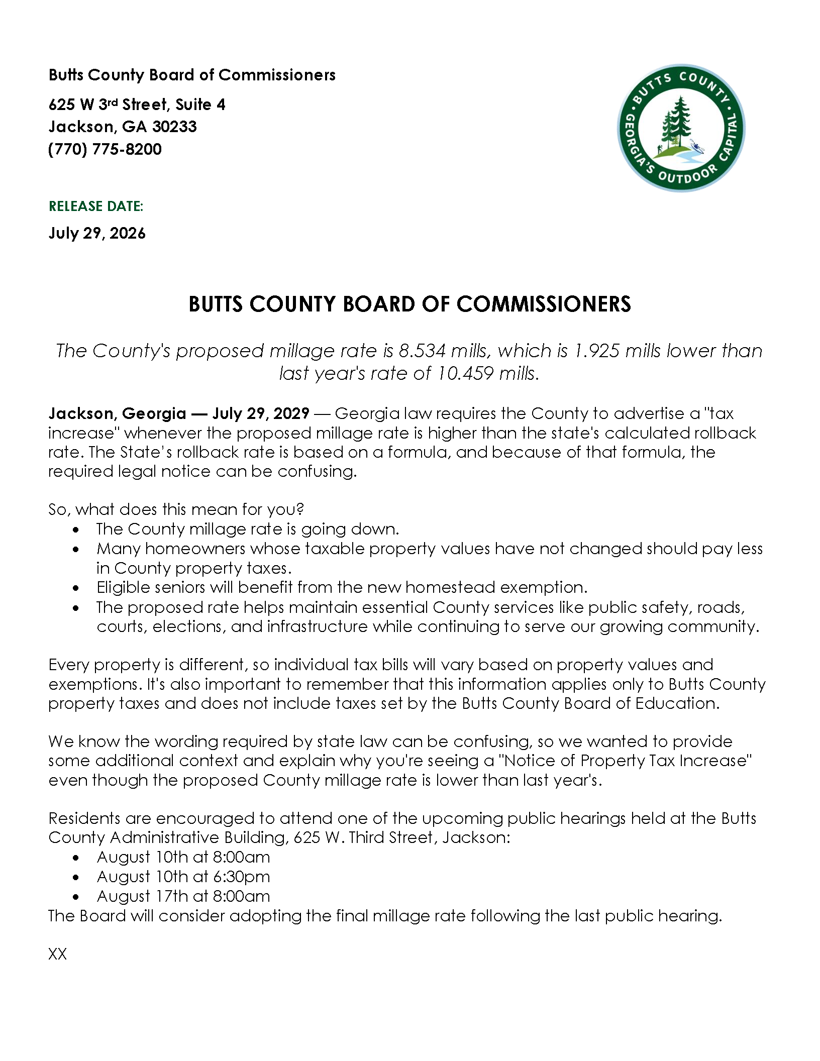 press release discussing The County's proposed millage rate is 8.534 mills, which is a 1.925 mills lower than last year's rate of 10.459 mills
